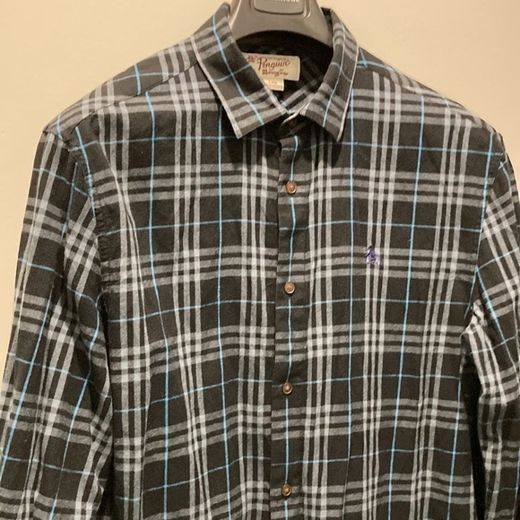 Original Penguin Black Blue Plaid Long Sleeve Fleece Button Up Shirt Large​​ - Picture 2 of 11